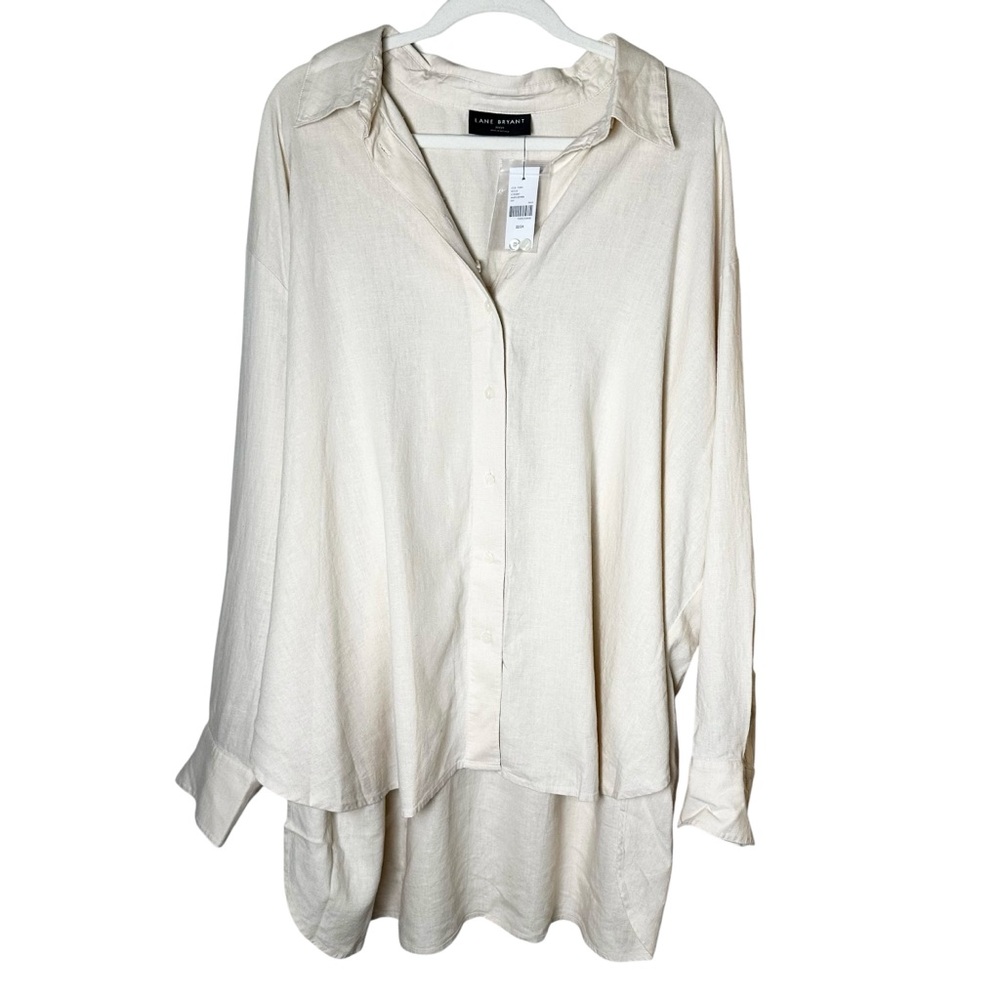 NWT Lane Bryant‎ Linen Blend Relaxed Tunic Button Up Shirt 22/24 Natural Beige